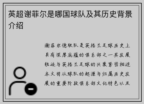 英超谢菲尔是哪国球队及其历史背景介绍